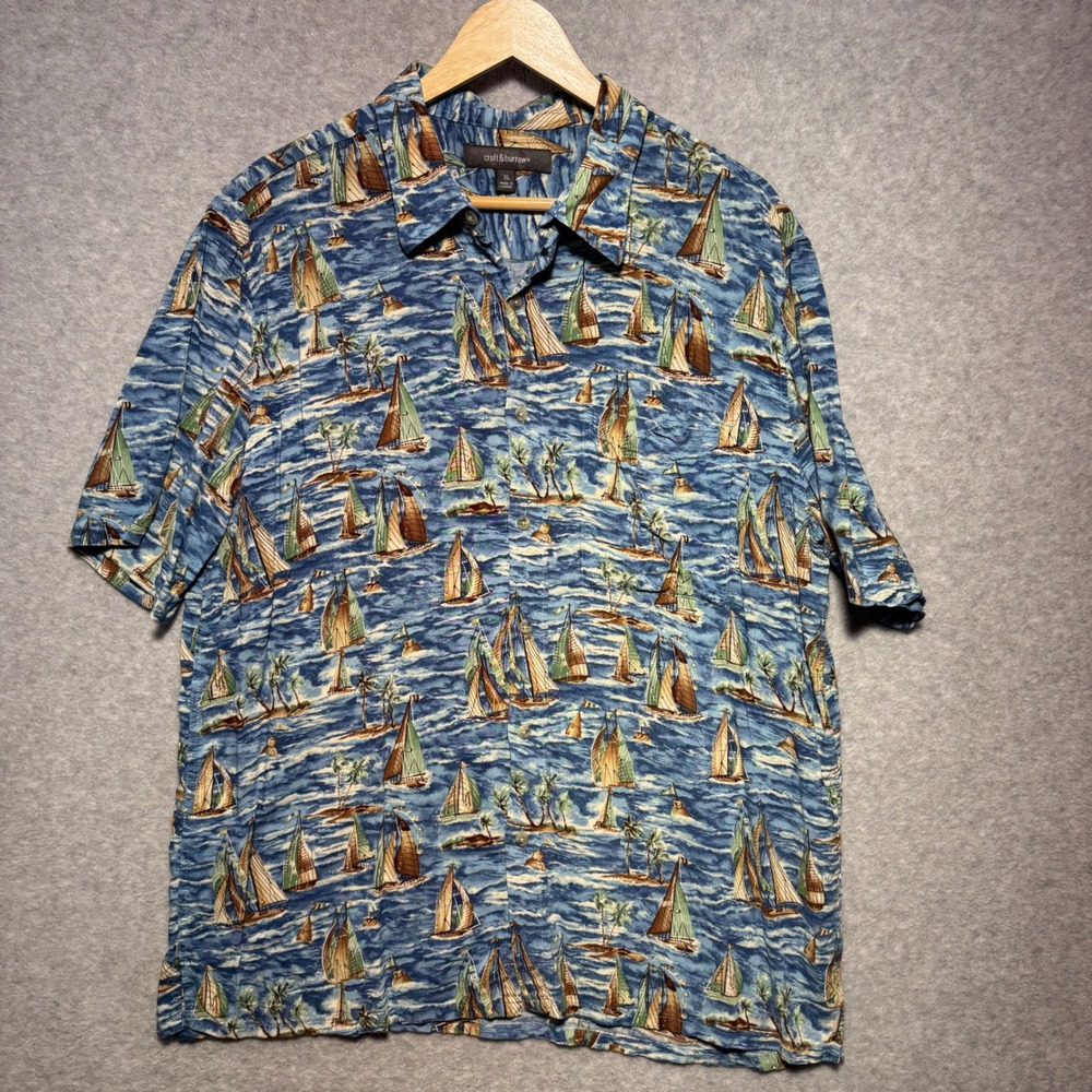 Croft & Barrow Mens XL Blue Sailboat Nautical Rayon Hawaiian Camp Shirt RN 20485